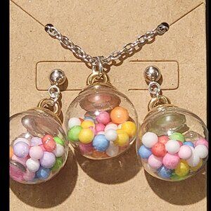 Colorful Gum Ball Theme Pendant Necklace and Earring Set
